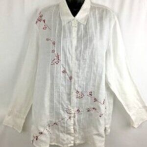 DANA BUCHMAN White Long Sleeve Button Blouse Red Embroidery XL NWOT Shel-fpull